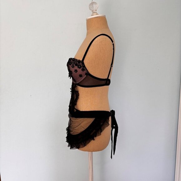 Victorias Secret Apron Lingerie 34C Black Sheer Mesh Lace Bustier French Maid - Picture 3 of 9
